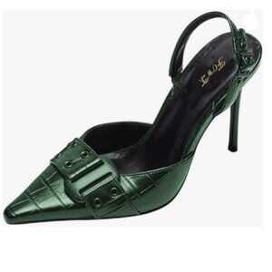FOWT Green Pointed Toe Buckle Pumps Stiletto High Heel Slingbacks Slip on Shoes